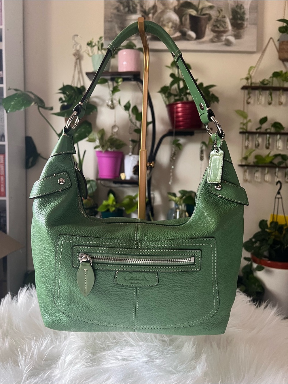 Coach Green Leather Shoulder Bag with Silver Hardware